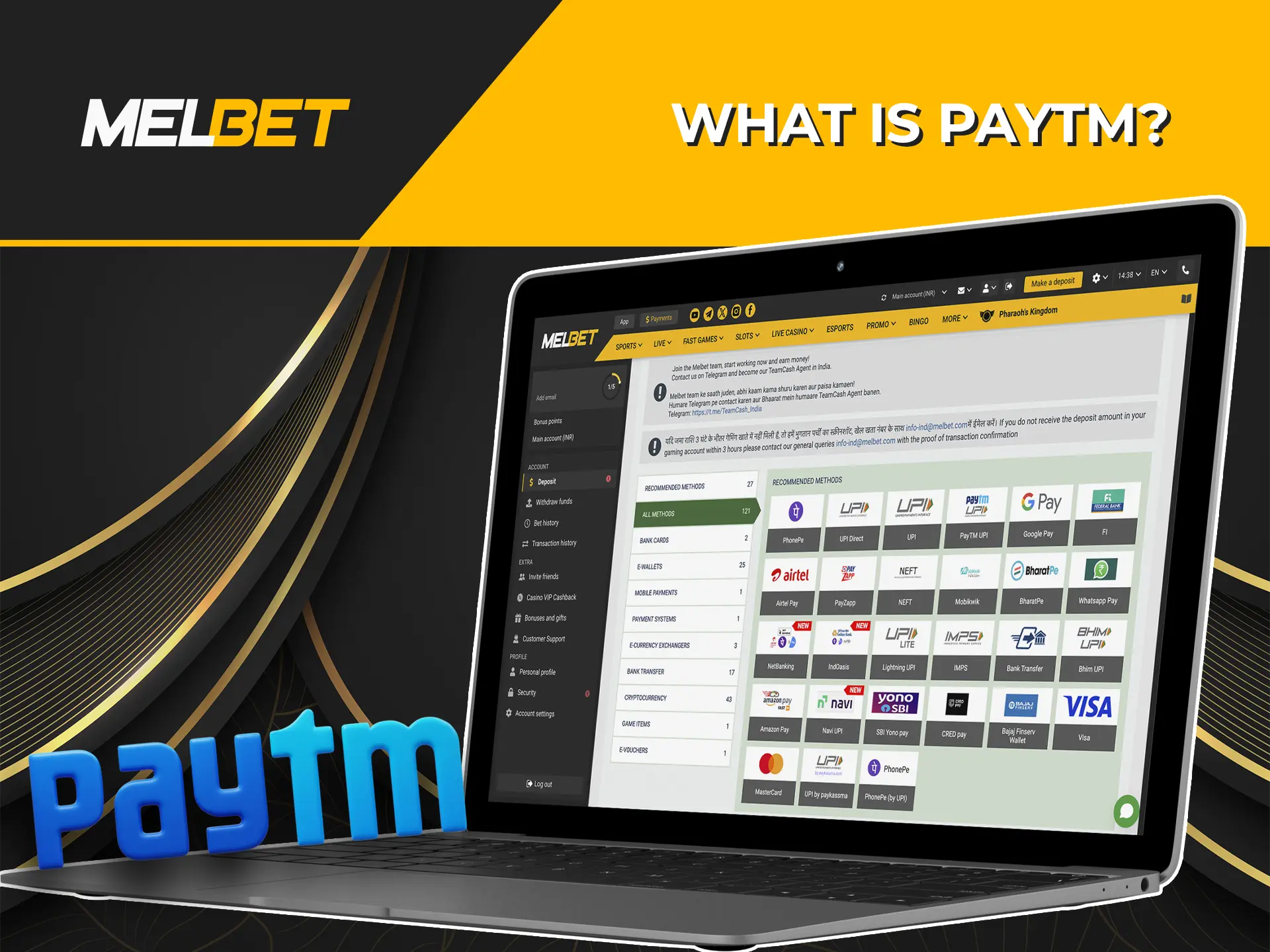 Learn how PayTM works when settling payments at Melbet Casino.