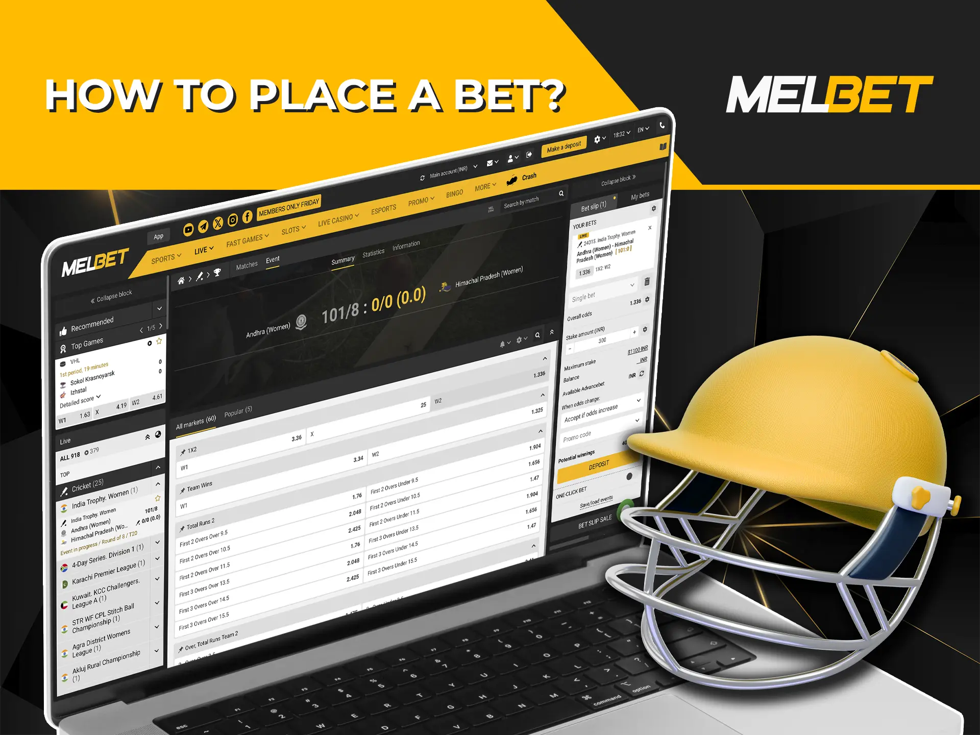 Choose your favorite event from the list and place a Melbet sports bet.