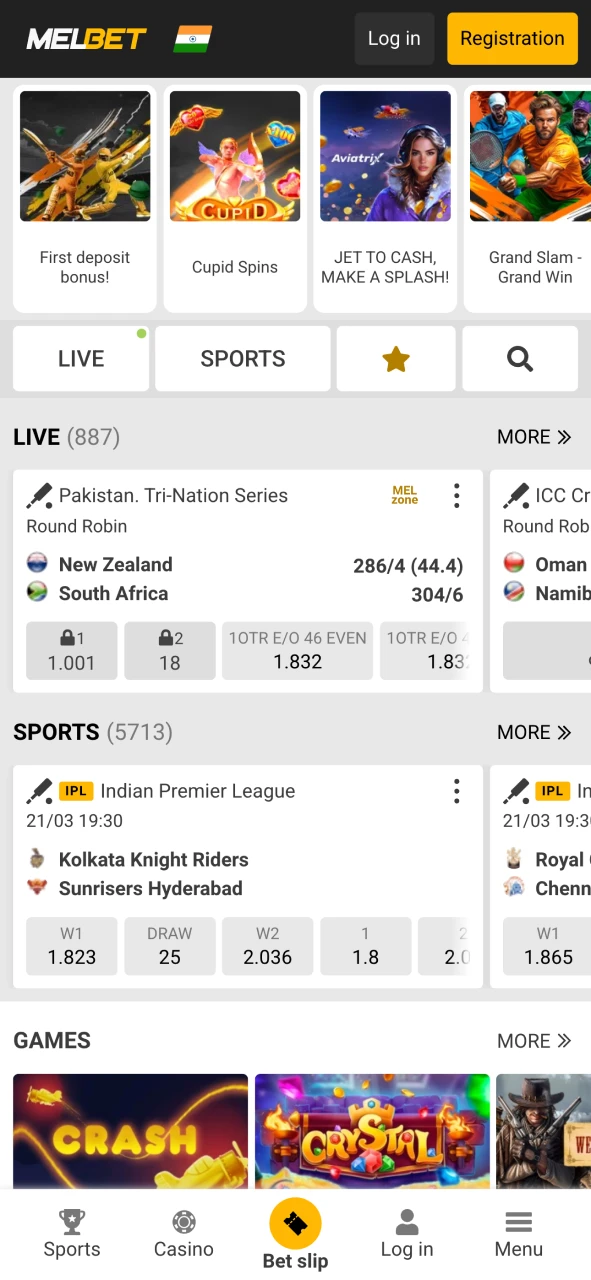 Home page of the official Melbet app.