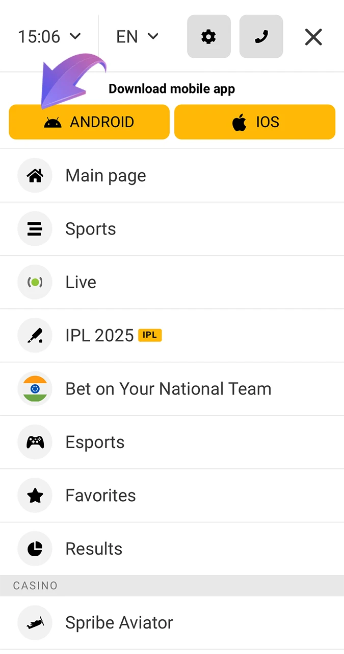 Click the Android icon button to download Melbet to your device.