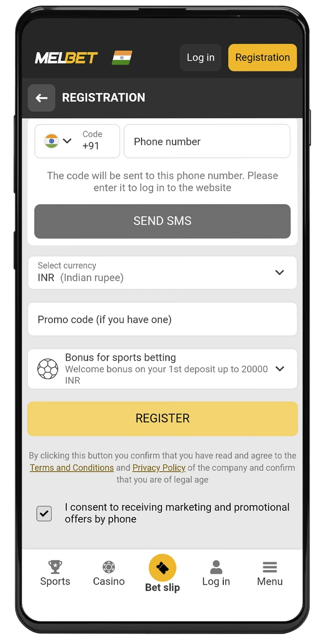 Enter your valid phone number required to register with Melbet.