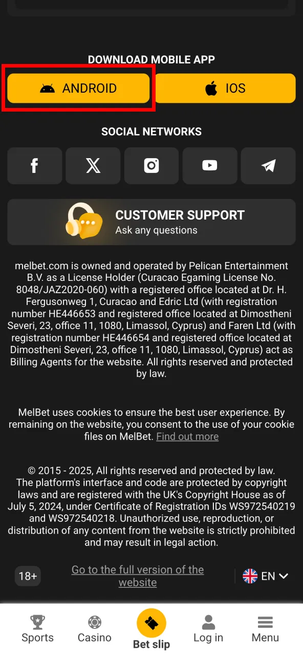 Start Melbet APK download for Android.